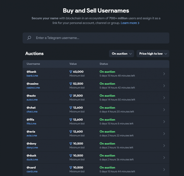В Telegram началась продажа пользовательских имен